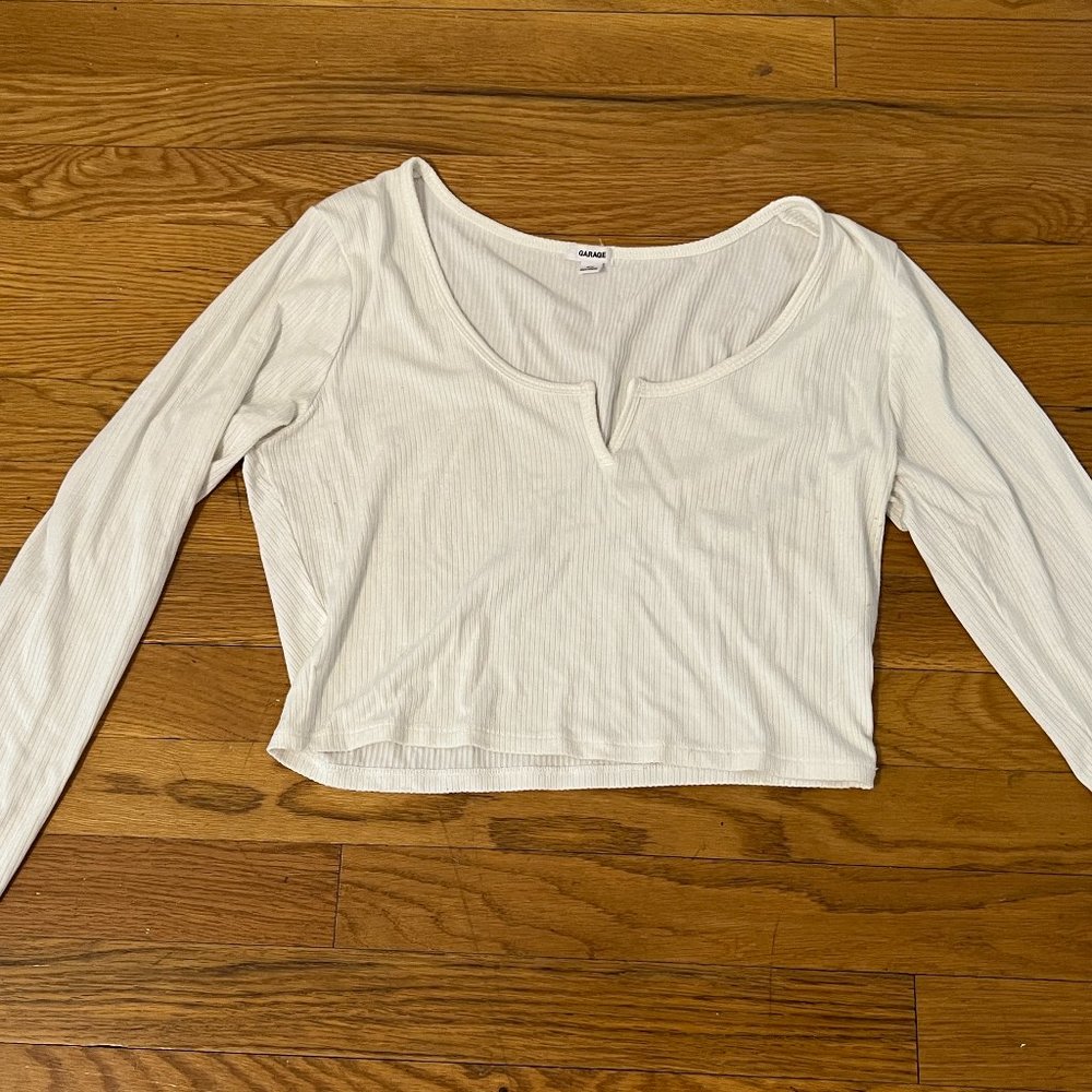 Garage White Long-Sleeve henley crop top -- size Large